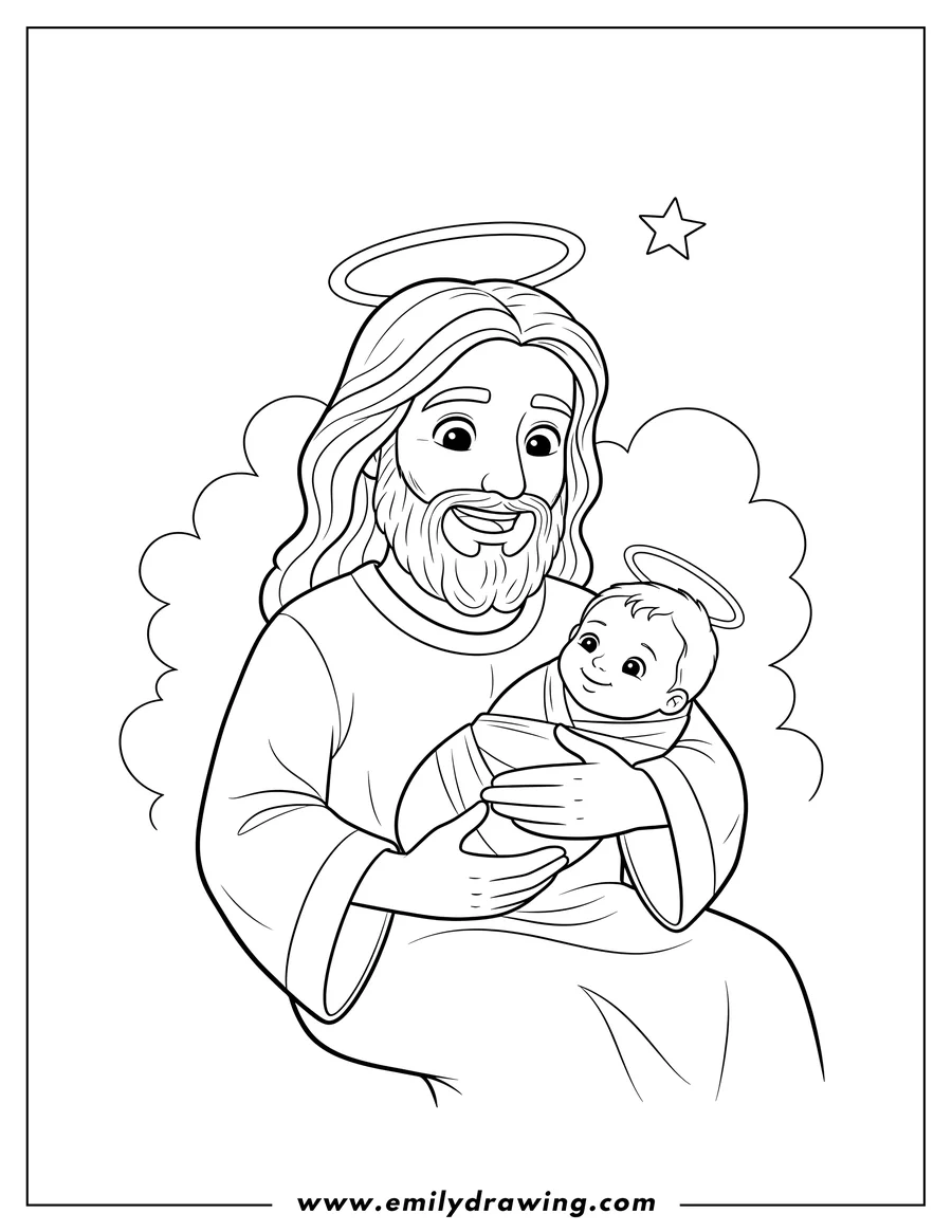 Coloring sheet featuring bearded Jesus with long hair, smiling and cradling a newborn baby, both with halos