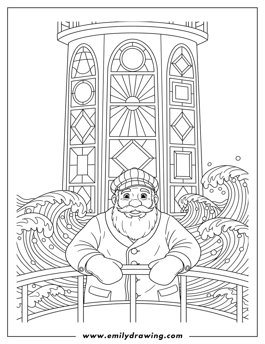 Full page coloring image of bearded lighthouse keeper in a cap, hands on railing, overlooking the wavy sea, stained glass