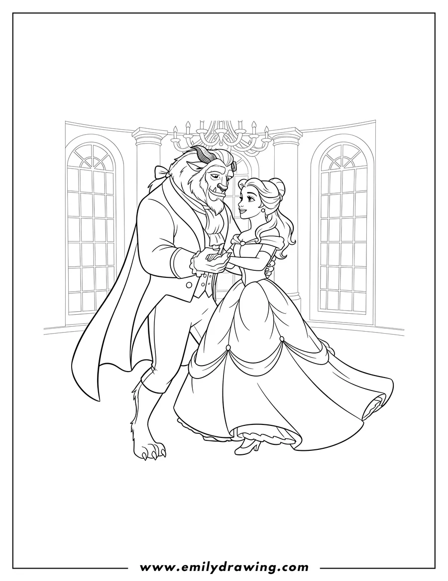 Linear illustration of beast and Princess Belle dancing, looking at each other