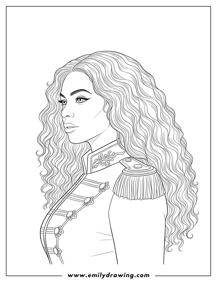 Vector style outline of beautiful Beyonce Side Profile with long curly hair and a military jacket