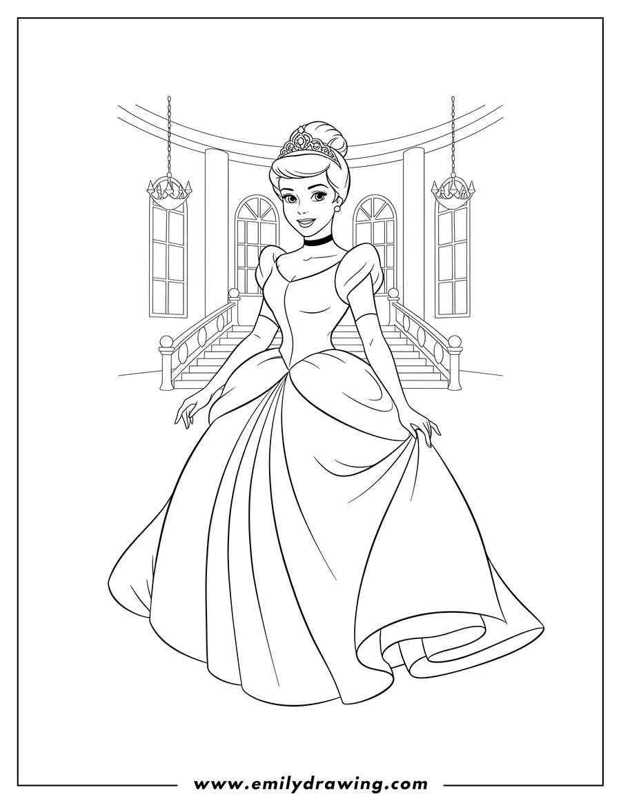 Printable line art of beautiful Cinderella Scaled, smiling in her grand ball gown and tiara