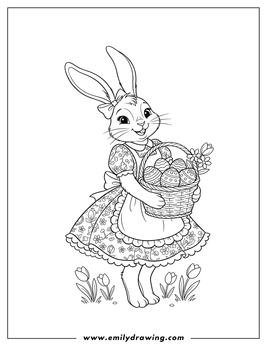 PDF style coloring page: beautiful, smiling Easter Bunny in a dress with an apron, holding a basket full of eggs