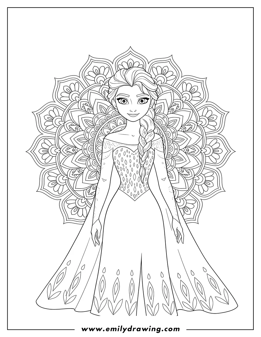 Full page coloring image of beautiful Elsa with a side braid, in front of a mandala