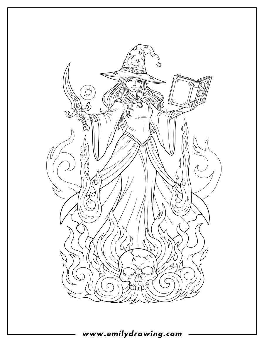 Printable coloring page of beautiful Fantasy Sorceress holding a spell book and dagger, standing over flames and a skull, casting a spell