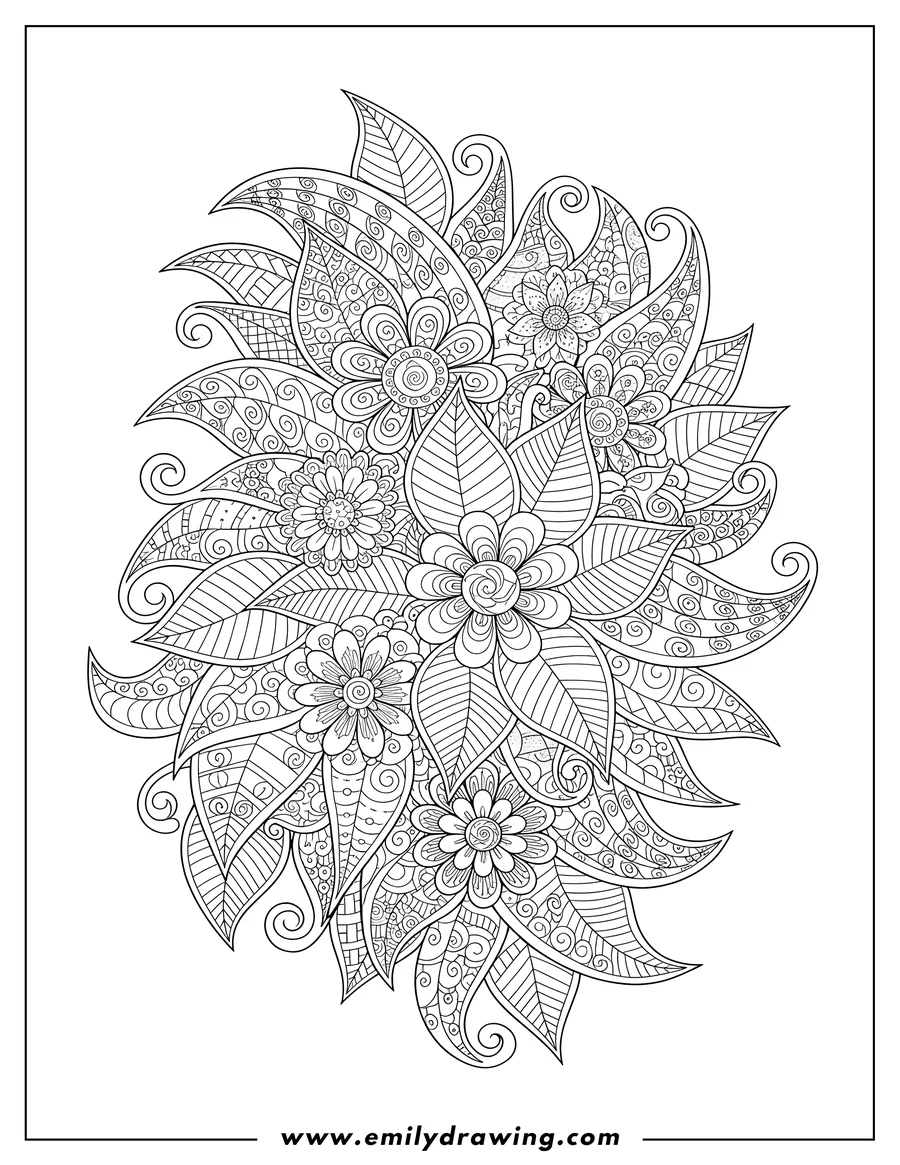Black and white line art of beautiful Flowers, Leaves, and Swirling Patterns in Zentangle Style