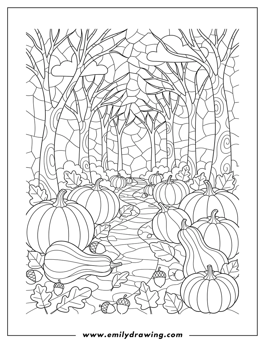 High quality printable beautiful Forest Path With Pumpkins, Gourds, Falling Leaves, Sunlight, and Acorns Autumn Stained Glass for coloring