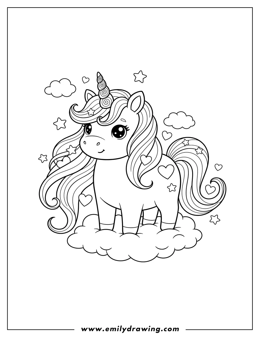 Coloring page of beautiful Kawaii Unicorn with swirly horn and flowing mane, standing on clouds
