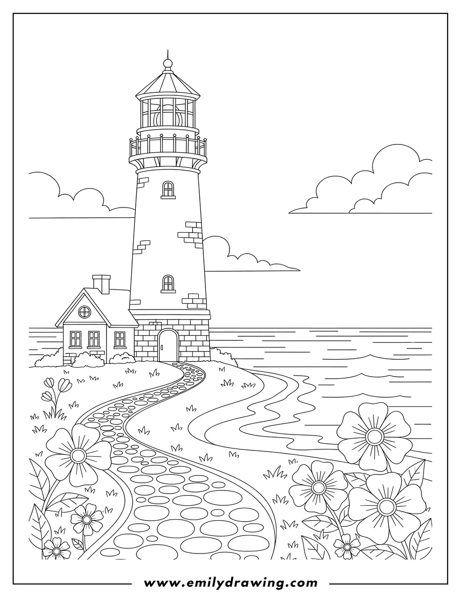 Coloring page for kids: beautiful Lighthouse with a small house, stone pathway, calm sea, clouds, and flowers