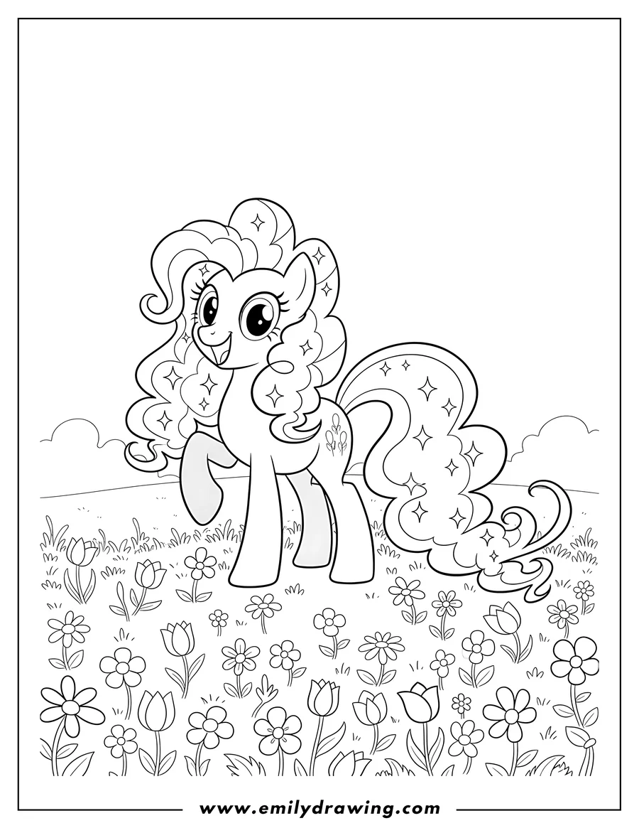 Outline drawing of beautiful Pinkie Pie with flowing, star-adorned hair, smiling with one hoof raised in a flower field