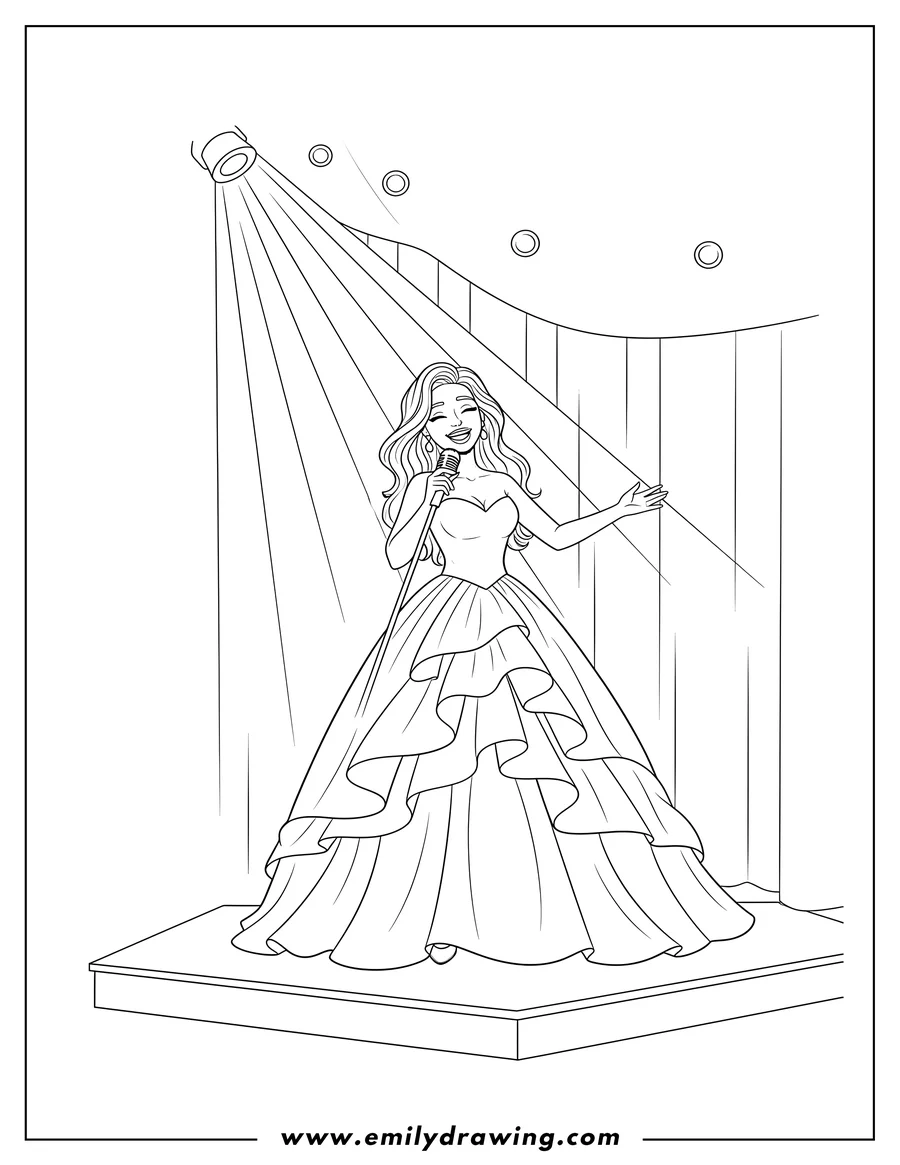 Doodle style coloring picture of beautiful Singer in a gown, holding a microphone and smiling, singing on stage with a spotlight