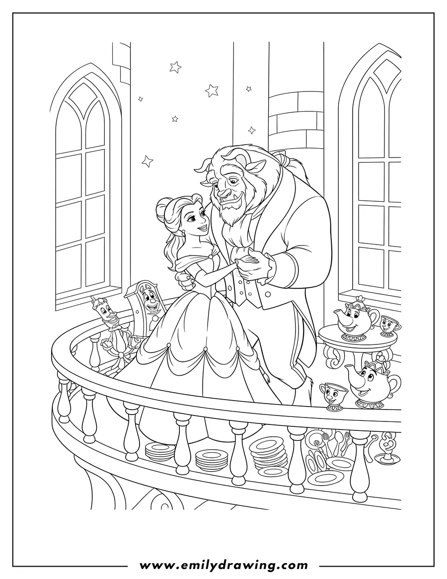 Full page coloring image of beauty And Beast Balcony, Belle and Beast dancing, with enchanted friends watching