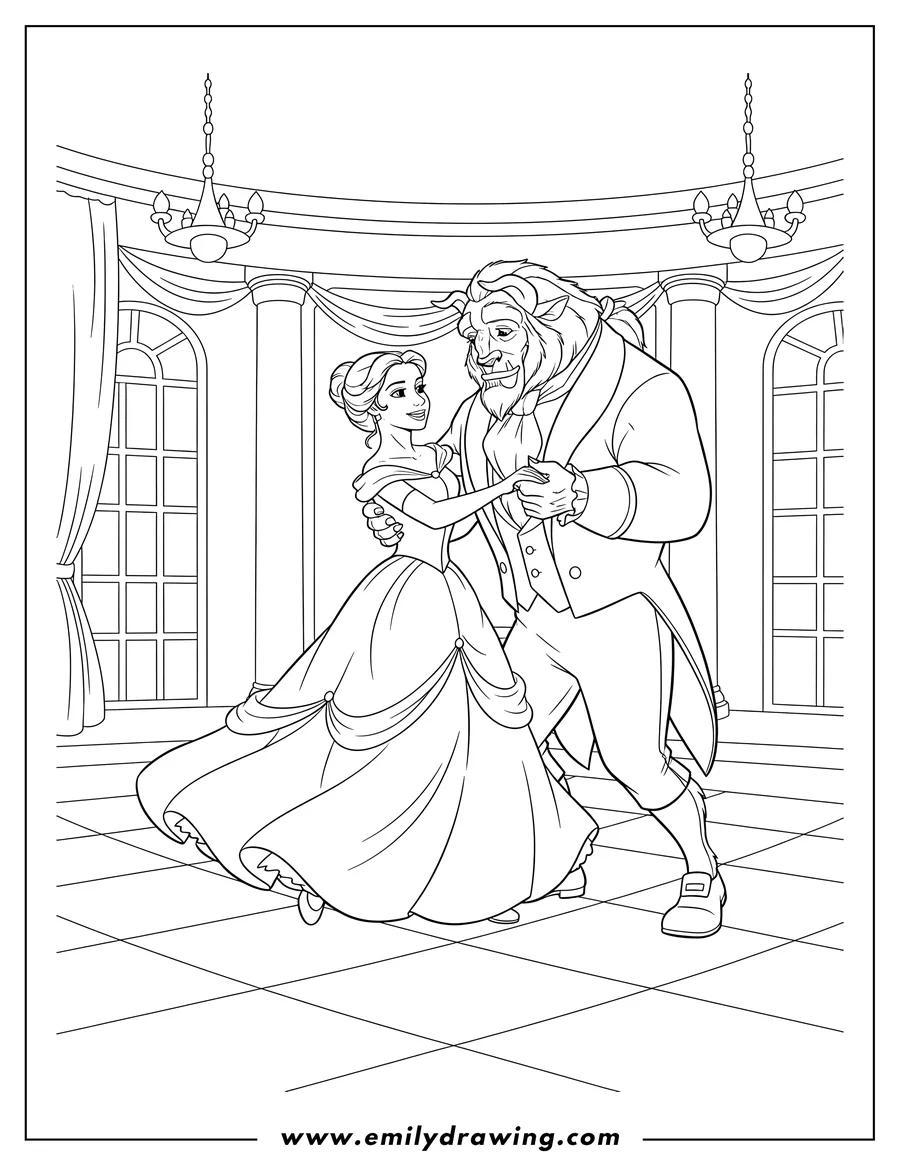 Vector style outline of beauty and Beast dancing in the ballroom, holding hands