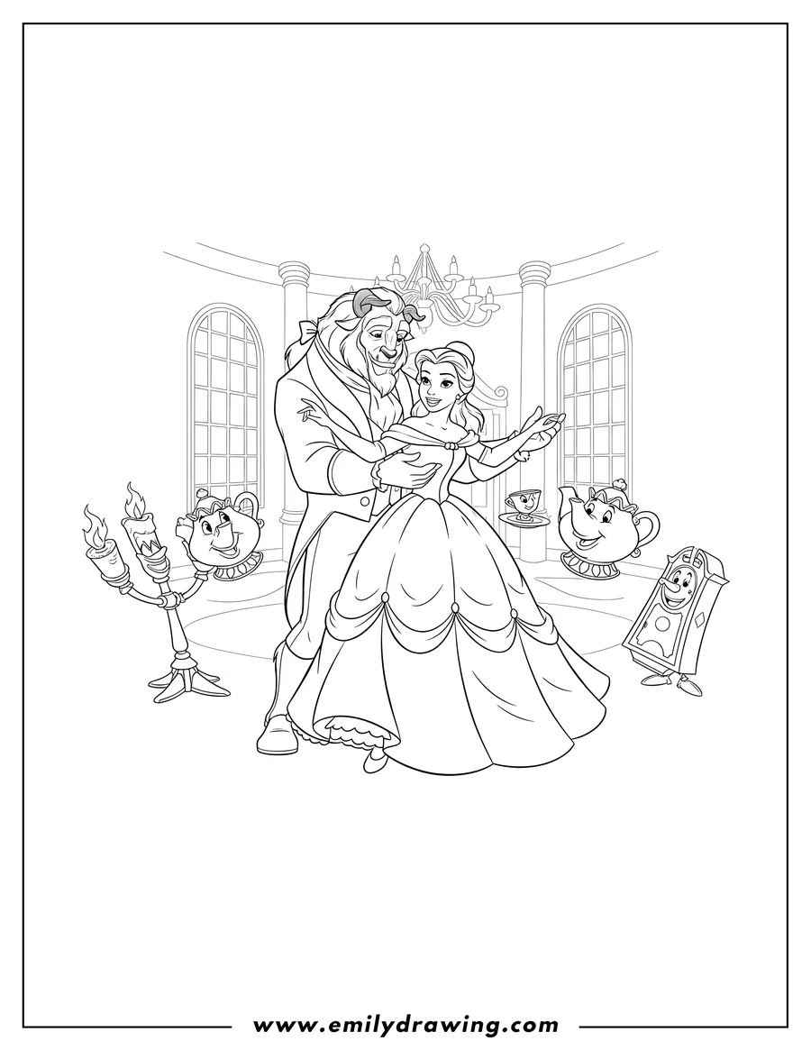 Doodle style coloring picture of beauty And Beast Disney dancing with Lumiere, Cogsworth, and Mrs. Potts