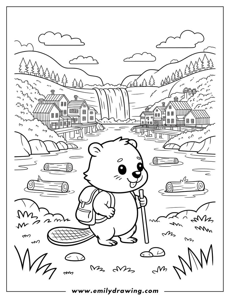 Line art of a beaver with a backpack and hiking stick, standing by a river with floating logs, a town, and a waterfall in the background.