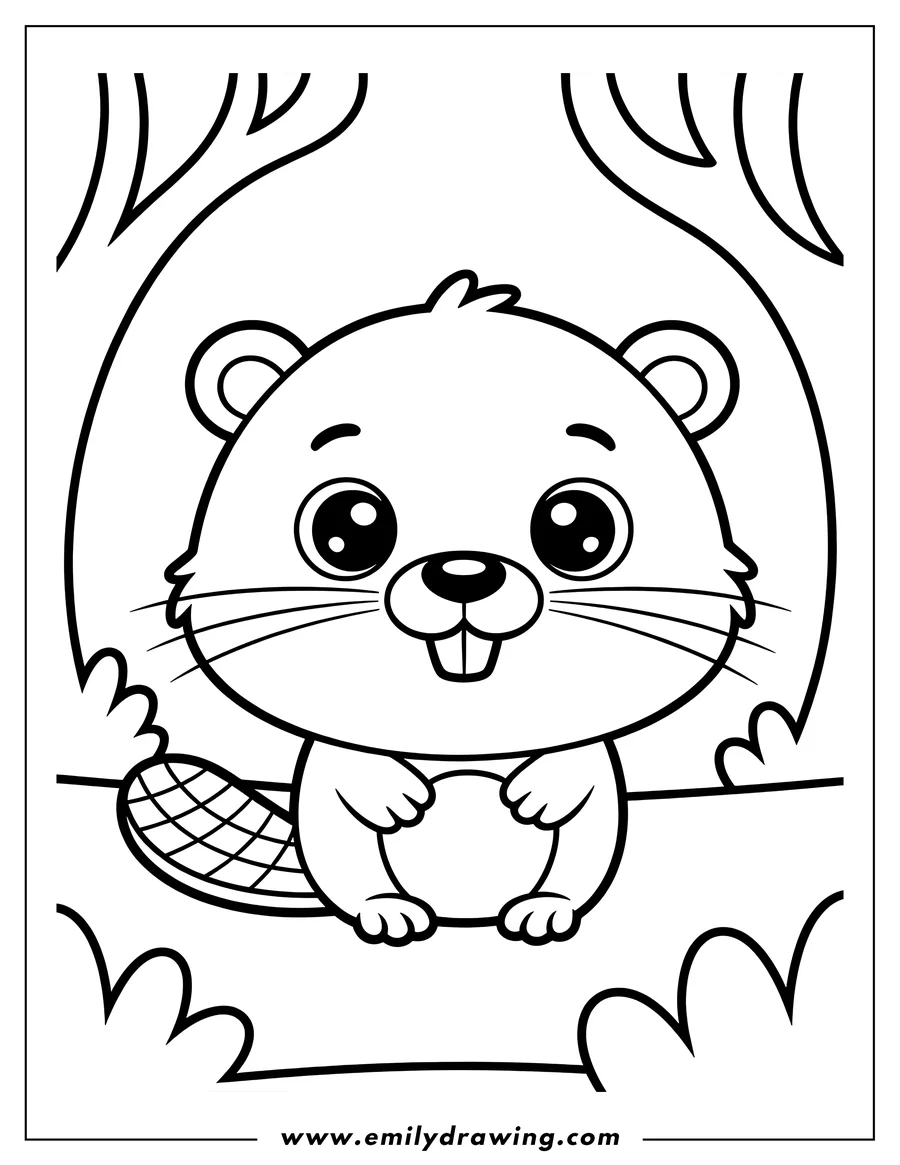 Line art of a cartoon beaver with big eyes, whiskers, and a patterned tail, sitting on a tree trunk with branches in the background.