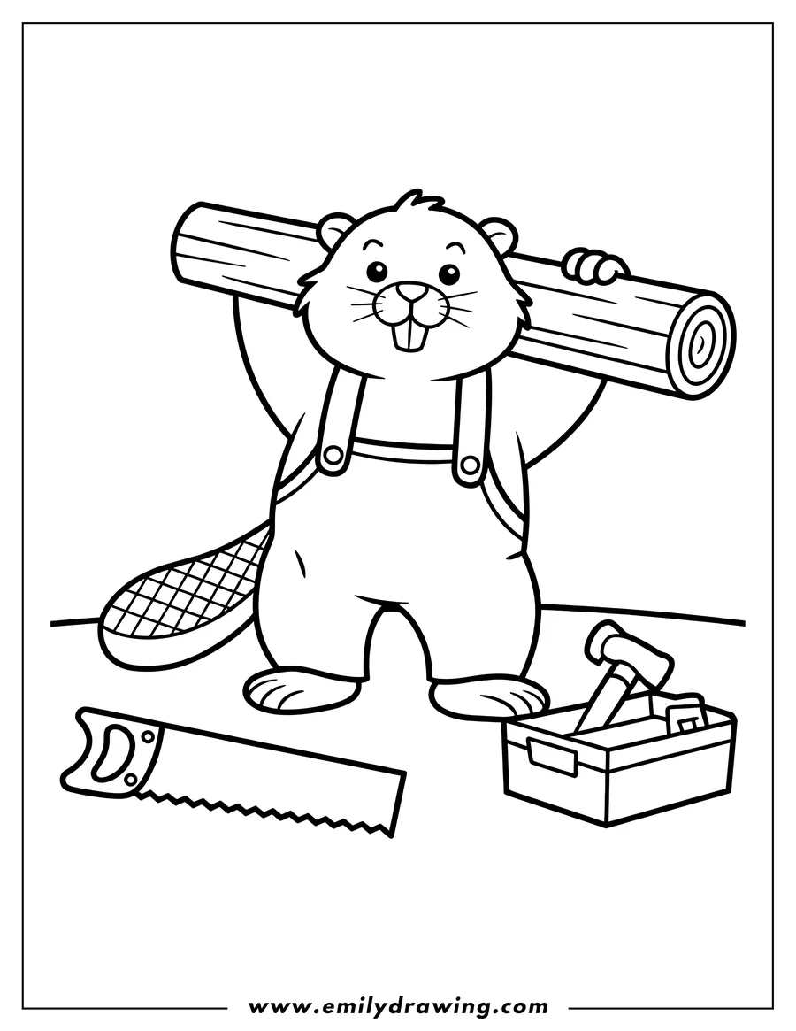 Line art of a beaver wearing overalls, carrying a large log on its shoulder. A saw and a toolbox are on the ground.