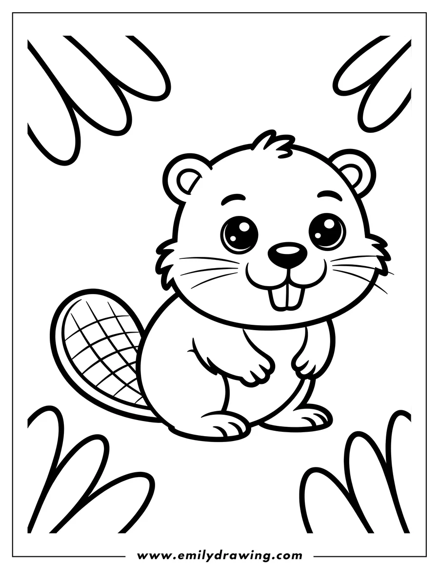 Line art of a cartoon beaver with large eyes, prominent front teeth, and a textured paddle tail.