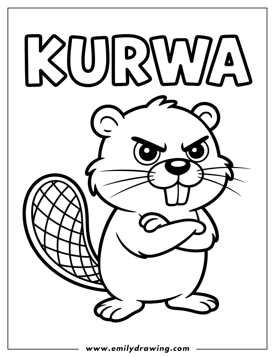 Line art of a cartoon beaver standing with its arms crossed and a slightly grumpy expression, with the word 'KURWA' above it.