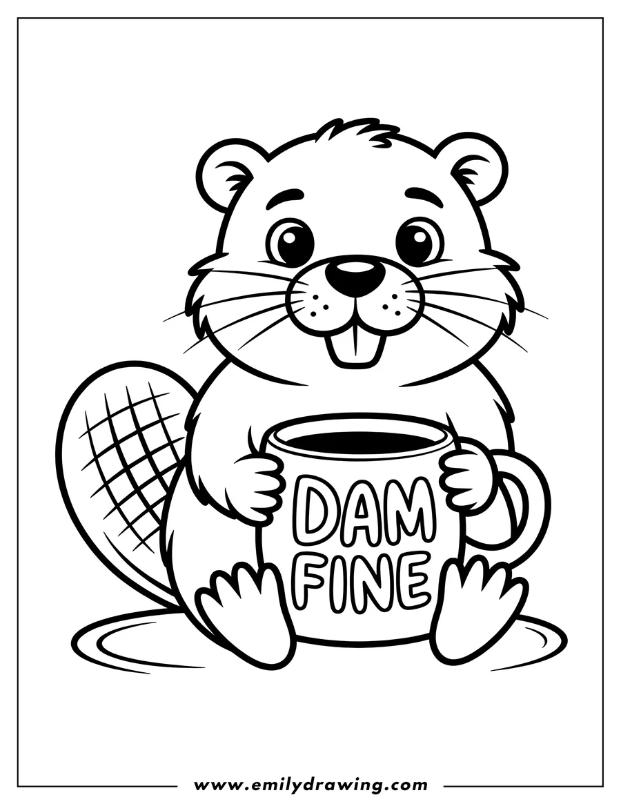 Outline of a cute, smiling beaver sitting down, holding a mug that says 'DAM FINE' in block letters.