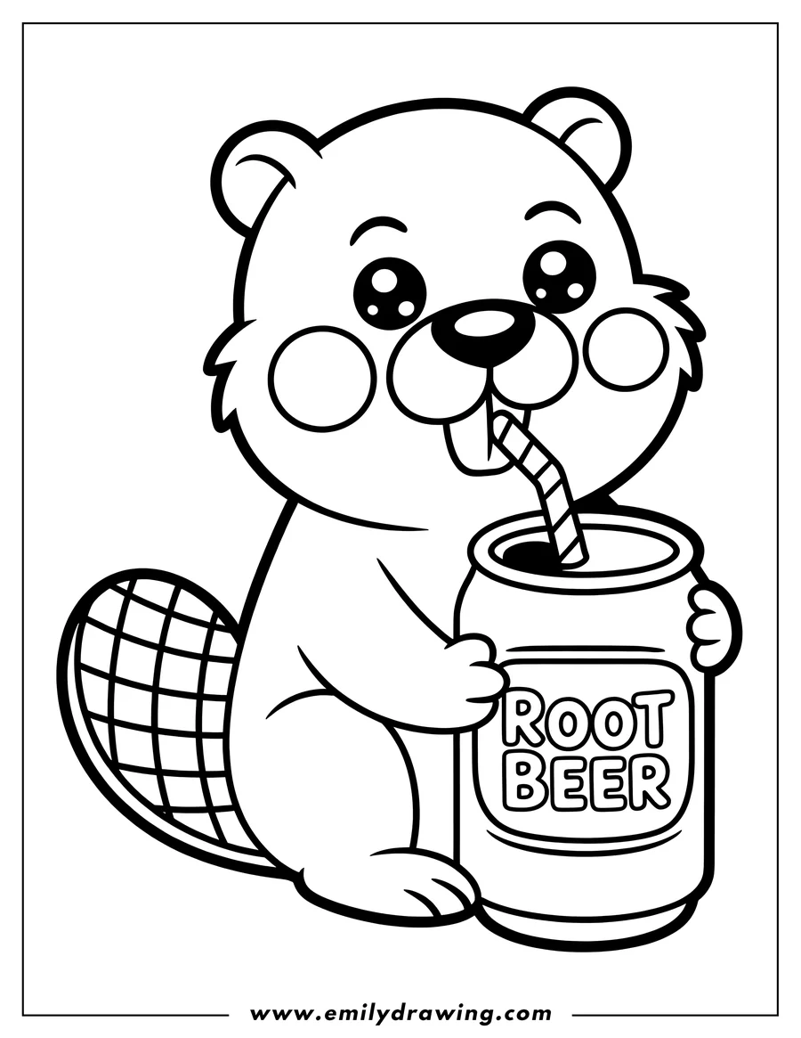 Outline of a cartoon beaver holding and drinking from a can of root beer with a straw.