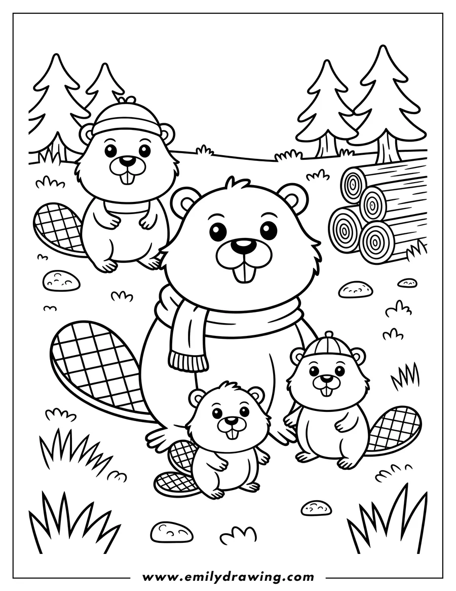 Line art of a beaver family in a forest scene, with a large beaver wearing a scarf, two smaller beavers, and another beaver wearing a hat, surrounded by trees and logs.