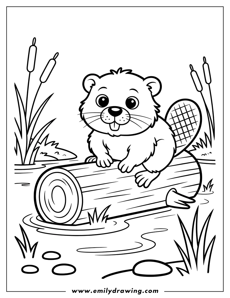 Line art of a cartoon beaver with a large, flat tail, sitting on a floating log in water, surrounded by tall cattails and grass outlines.