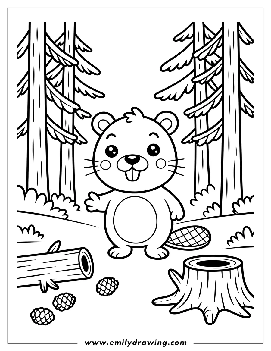 Line art of a beaver standing in a forest with tall trees and a tree stump in the foreground.