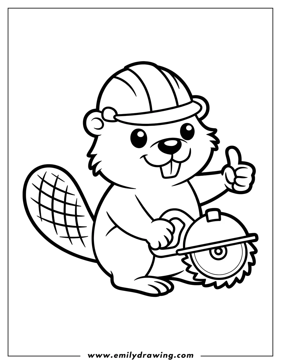 Line art of a cartoon beaver wearing a hard hat and holding a circular saw, giving a thumbs up.