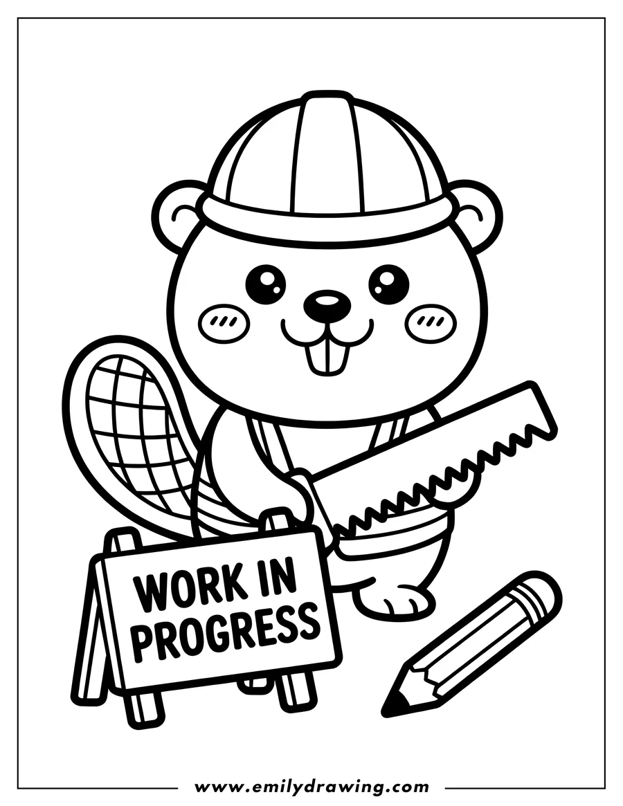 Line art of a beaver wearing a hard hat, holding a saw, next to a 'Work in Progress' sign and a pencil.