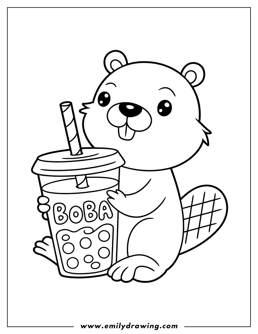 Outline of a cartoon beaver holding a boba tea drink with both paws.