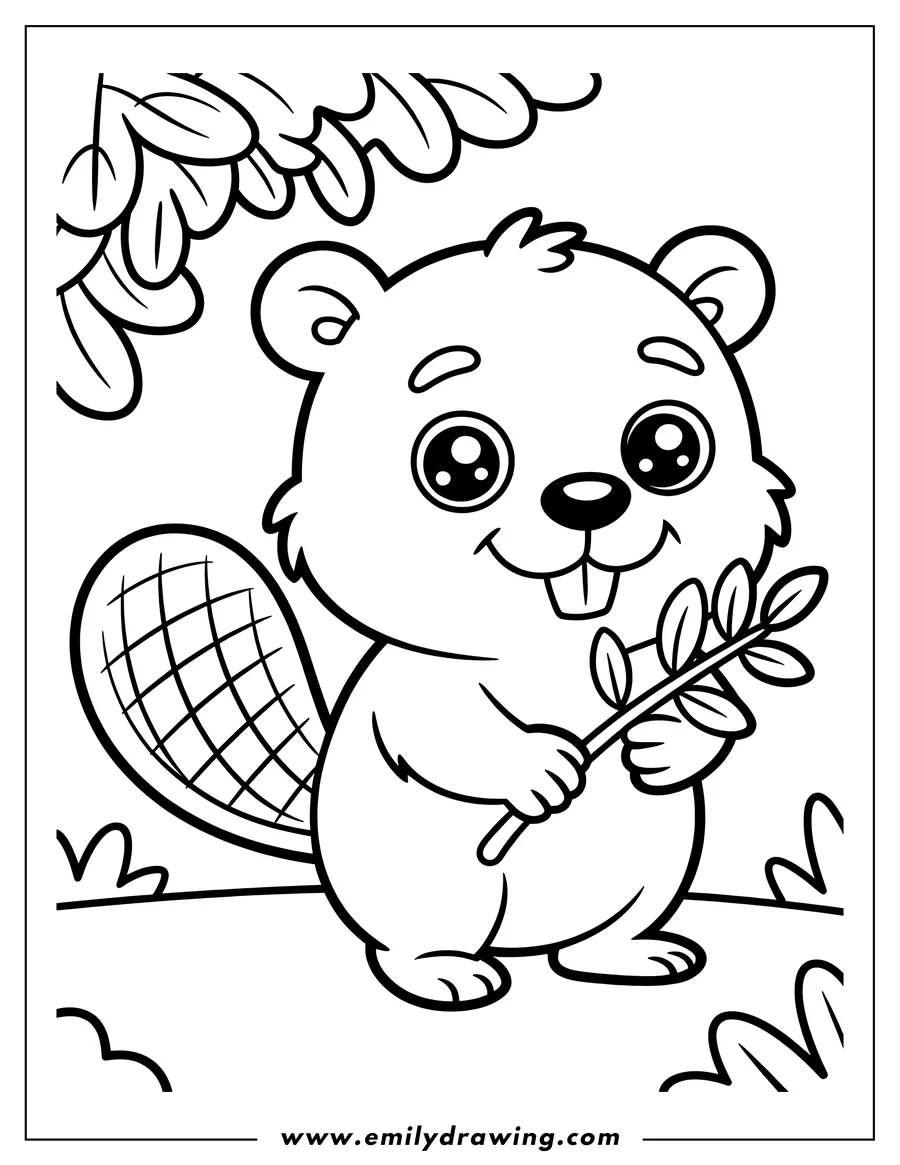 Line art of a cartoon beaver with large eyes and buck teeth, holding a small leafy branch in its paws, standing on a patch of ground with leaves in the foreground and background.