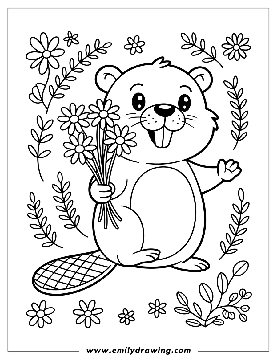 Outline of a smiling beaver holding a bouquet of flowers, surrounded by floating flowers and leaves.