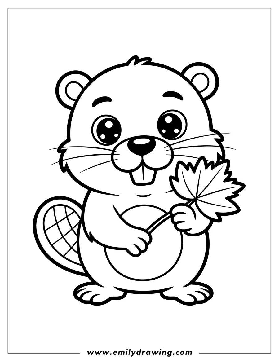 Outline of a cartoon beaver holding a single leaf in its paws
