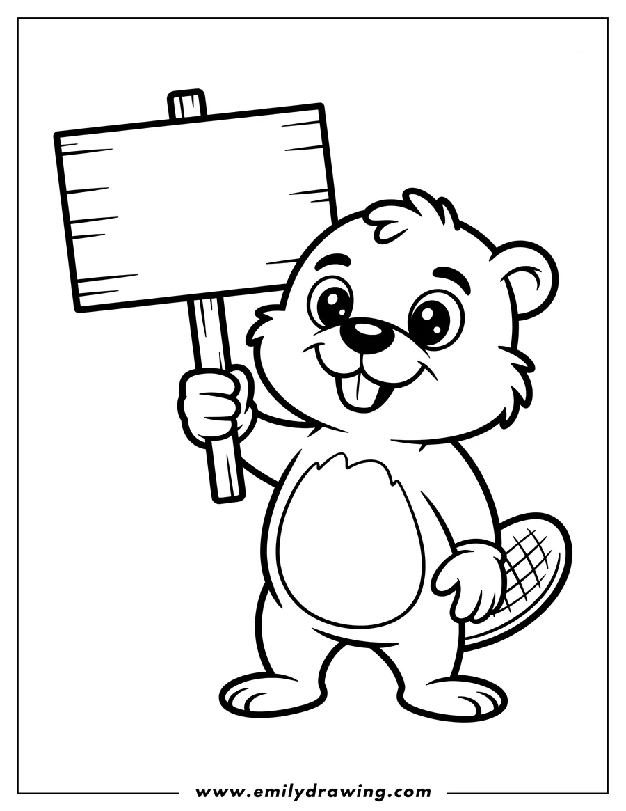 Outline of a cartoon beaver standing and holding a blank wooden sign