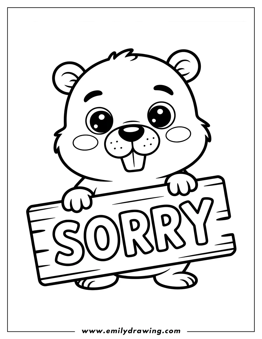 Outline of a cute cartoon beaver holding a wooden sign that says 'Sorry'