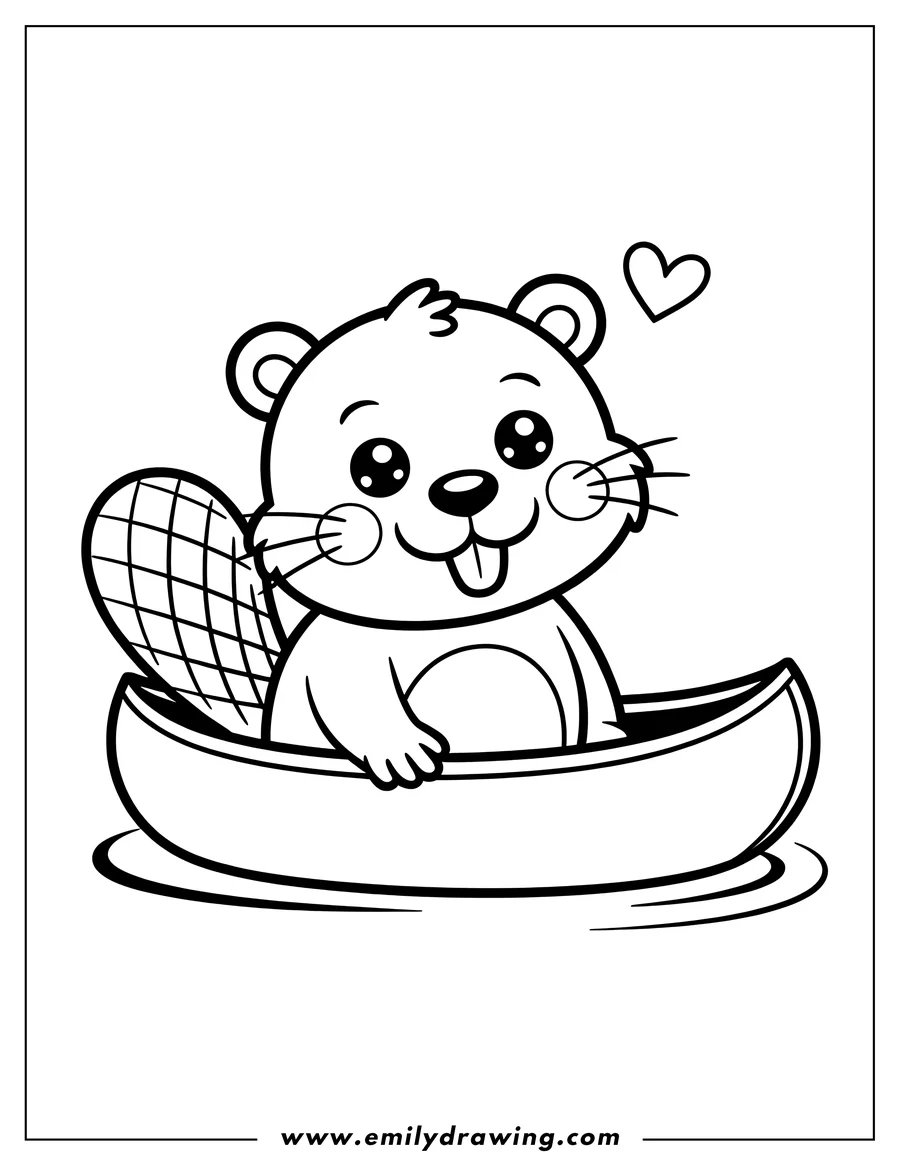 Line art of a cartoon beaver sitting in a small canoe on water, with a heart floating above its head.