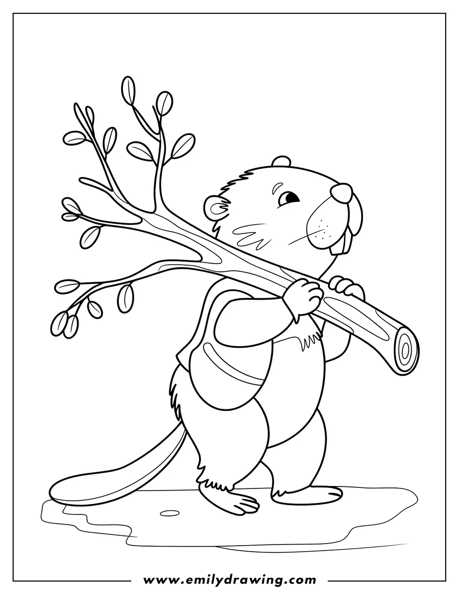 Line art of a beaver carrying a large tree branch with leaves on its shoulder