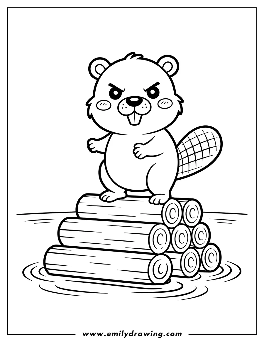 Line art of a cartoon beaver with an intense expression, standing on several logs floating in water.