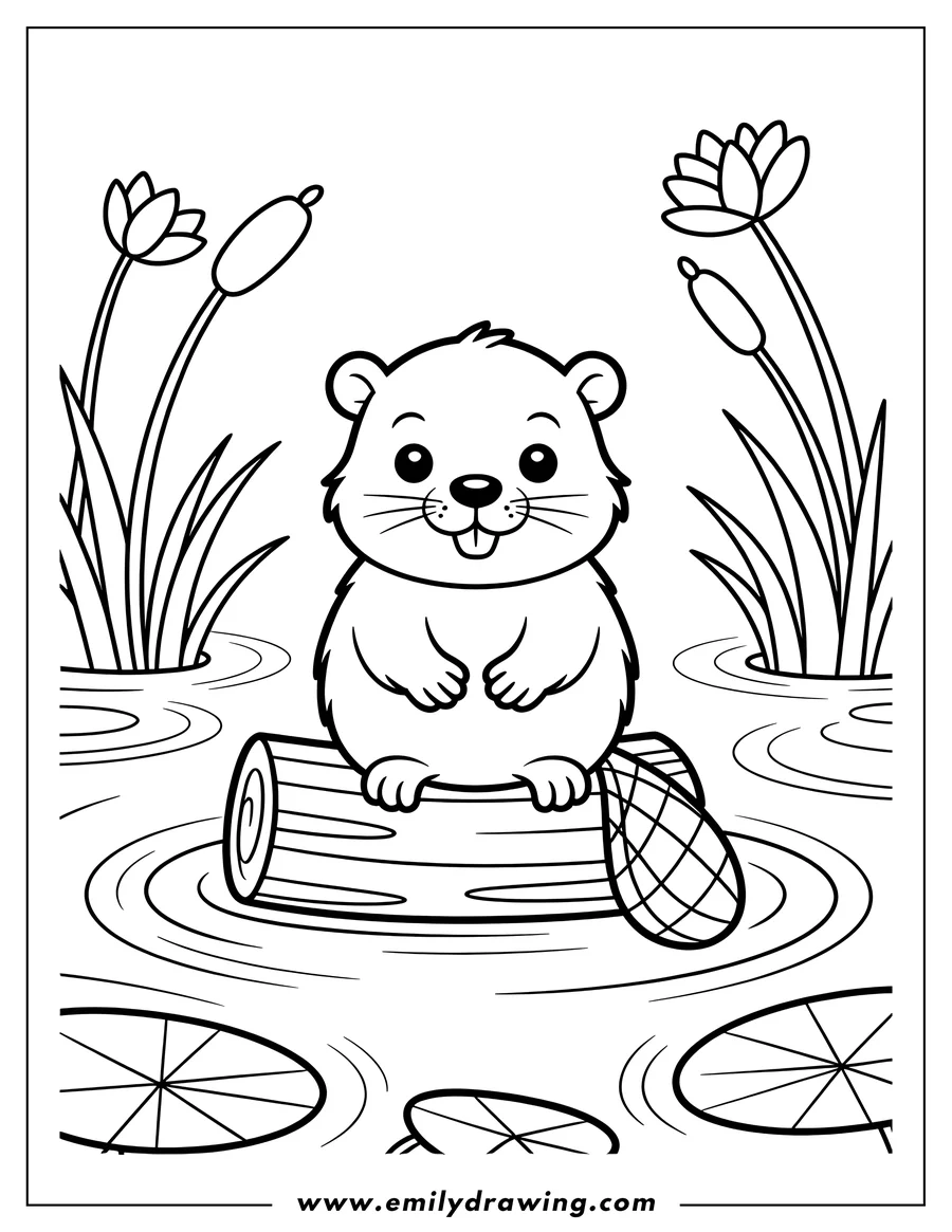Line art of a cartoon beaver sitting on a floating log in water, surrounded by cattails and lily pads.