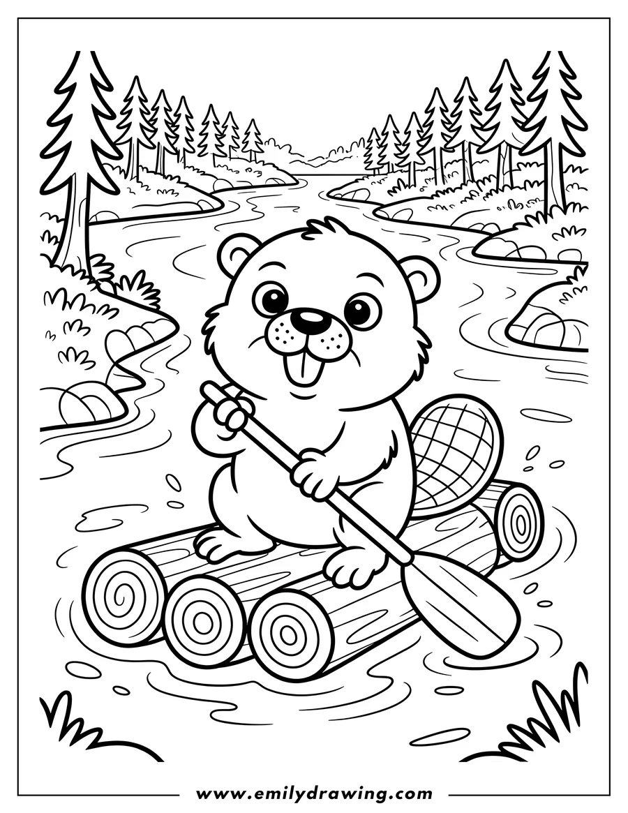Line art of a cartoon beaver with a large flat tail, sitting on a three-log raft, paddling down a river with trees on the banks.