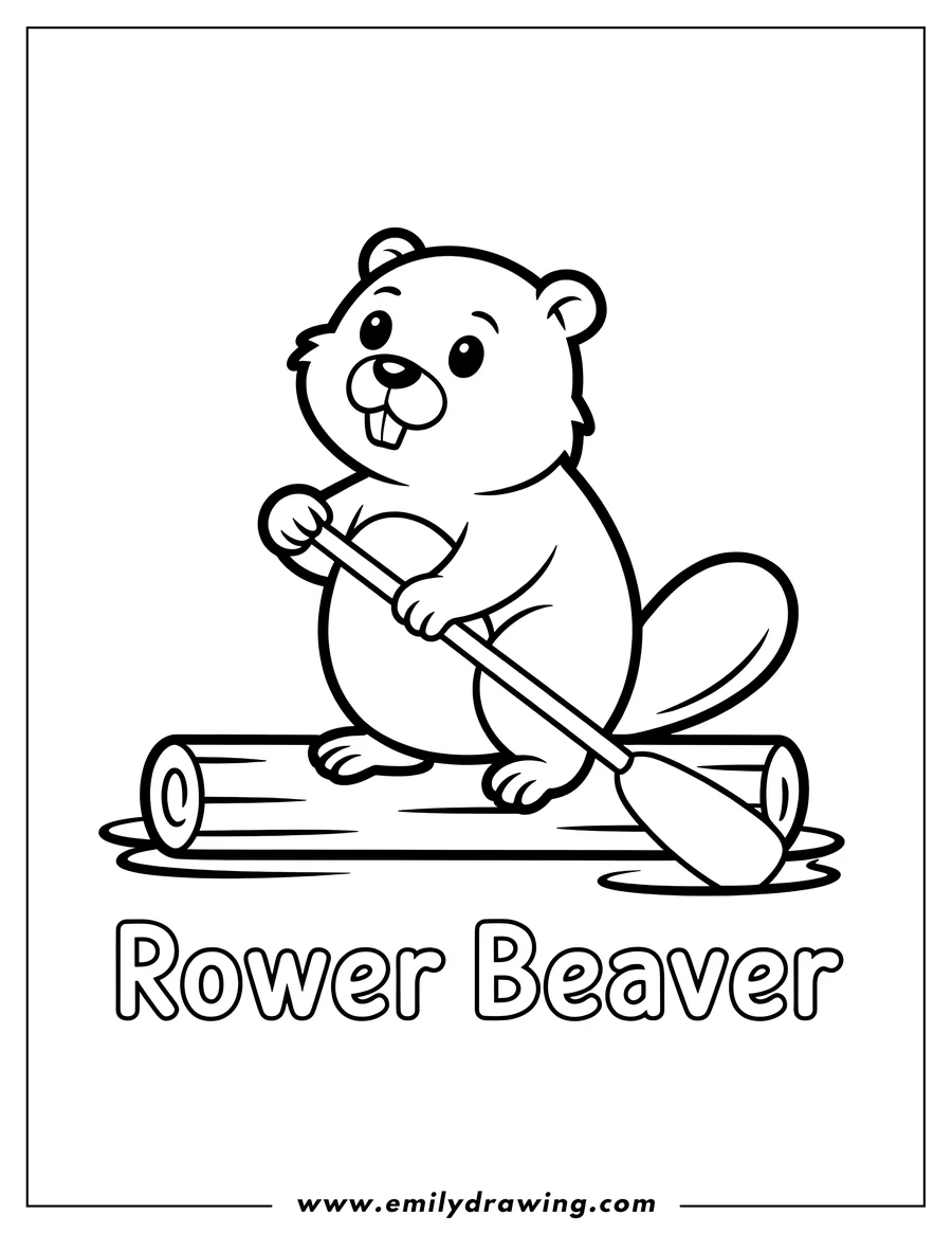 Line art of a cartoon beaver sitting on a floating log and holding an oar, as if rowing.