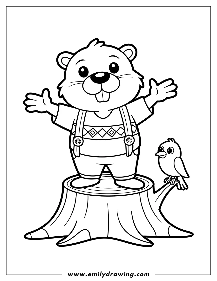 Outline of a friendly beaver wearing overalls and standing on a tree stump, with a small bird perched beside him.