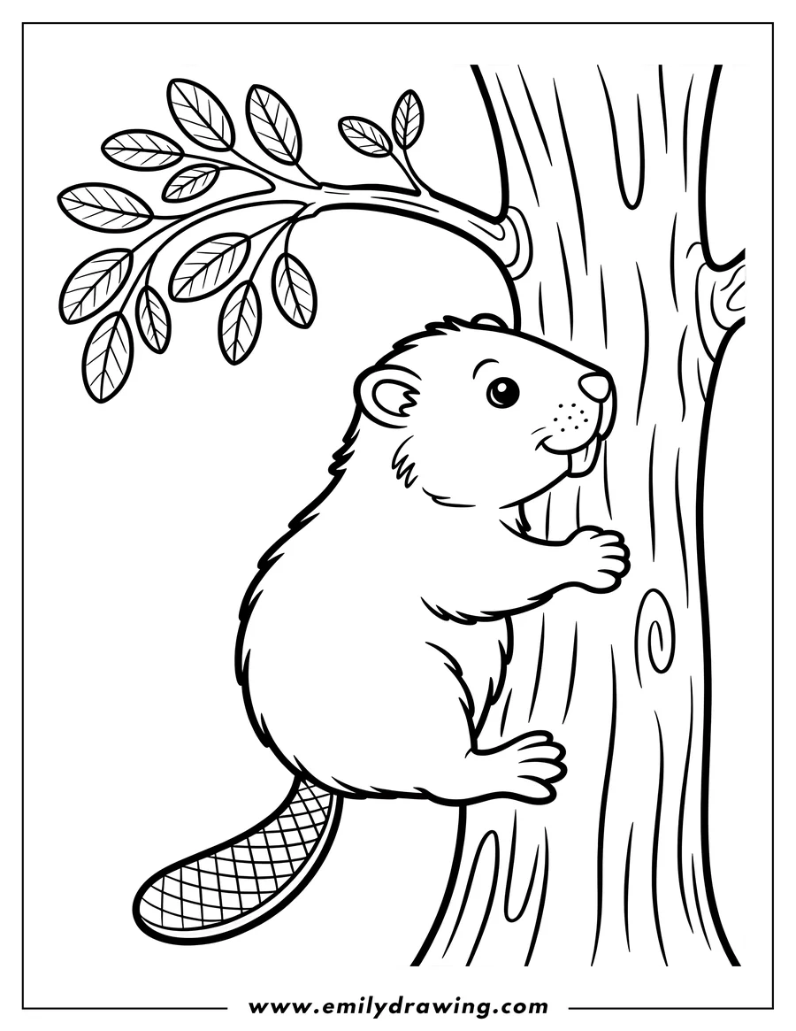 Outline of a beaver with a patterned tail, clinging to the side of a tree trunk with branches and leaves above.
