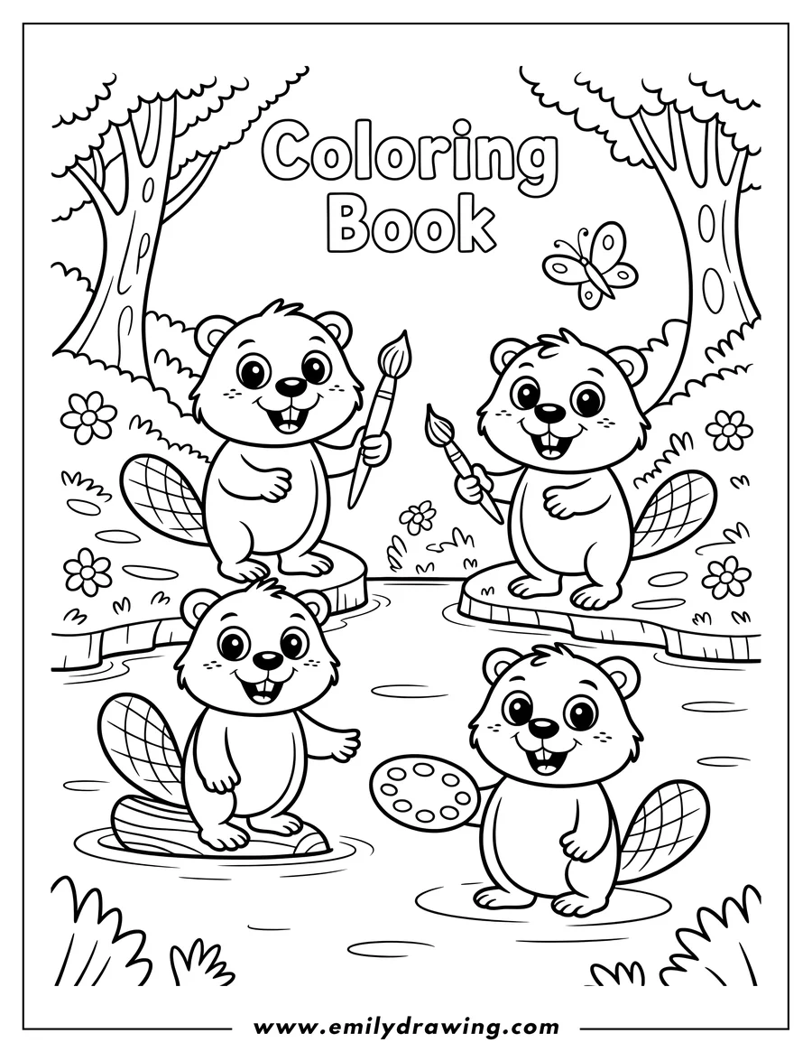 Line art of four cheerful beavers in a pond, two holding paintbrushes, one standing on a log, and another holding a paint palette. Trees, bushes, and flowers are in the background.