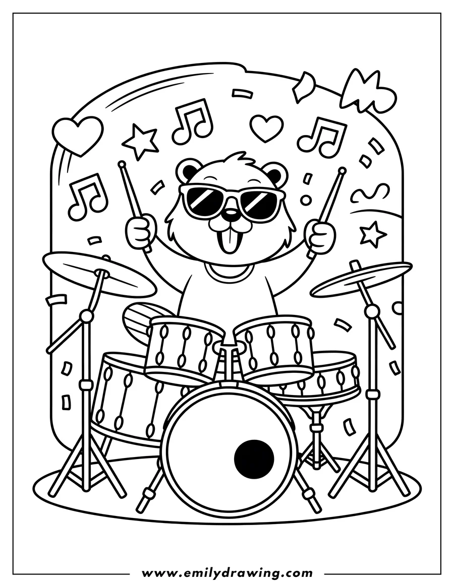 Line art of a beaver wearing sunglasses and playing a drum set, with musical notes, hearts, and stars floating around.