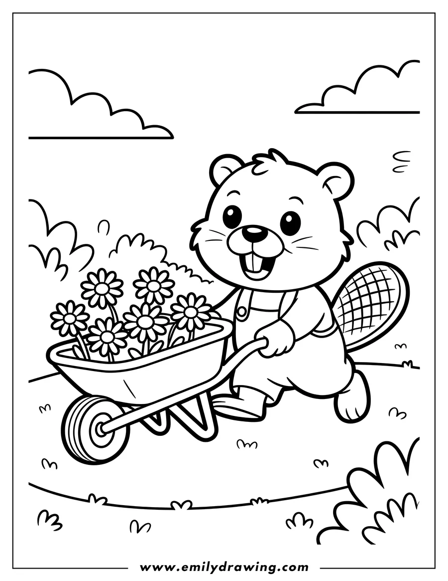 Line art of a cartoon beaver wearing overalls, pushing a wheelbarrow filled with flowers through a grassy area with clouds in the sky.