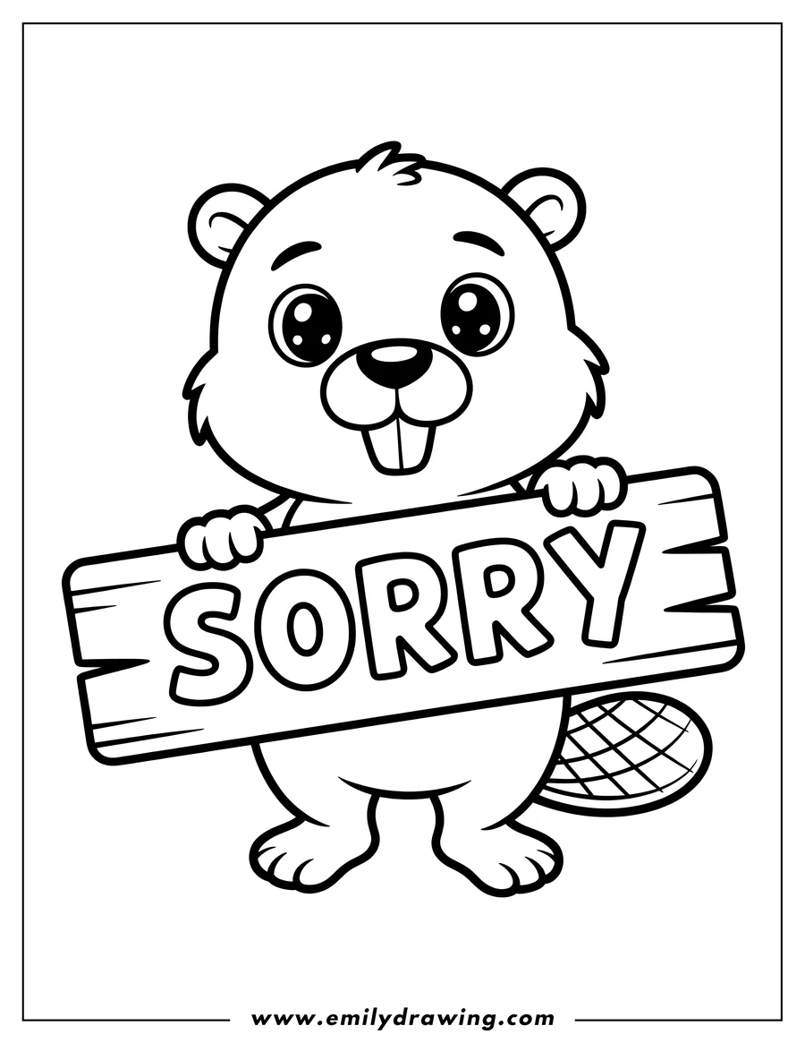 Line art of a cute beaver holding a wooden sign that says 'SORRY'