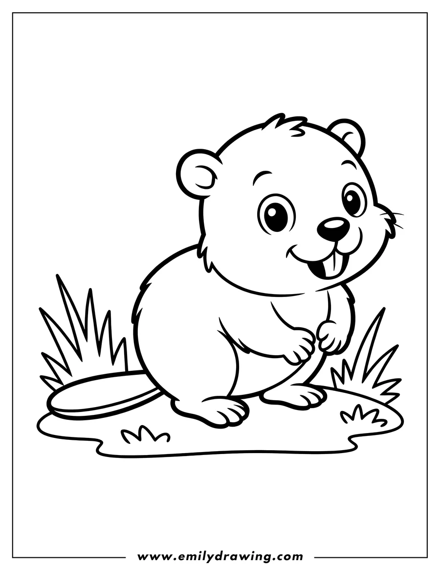 Line art of a cartoon beaver standing in grass, showing its large front teeth and flat tail.