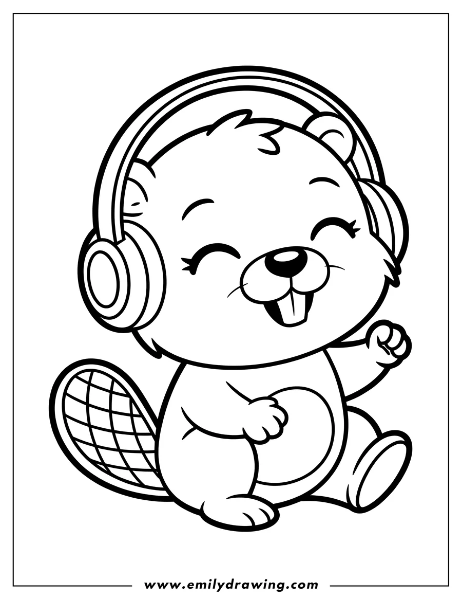 Line art of a cartoon beaver wearing large headphones, with its eyes closed and a wide smile, looking happy and relaxed.