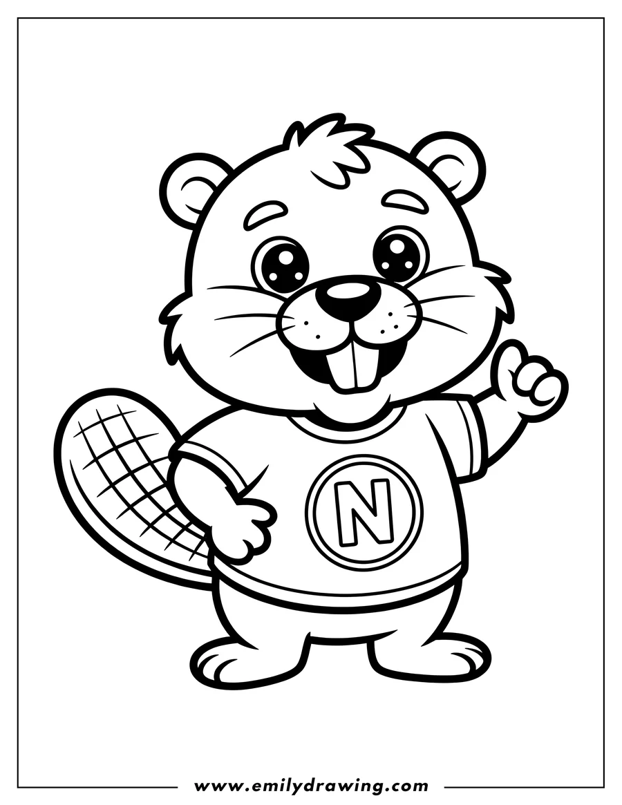Line art of a cartoon beaver wearing a t-shirt with the letter 'N' on it, waving one hand.